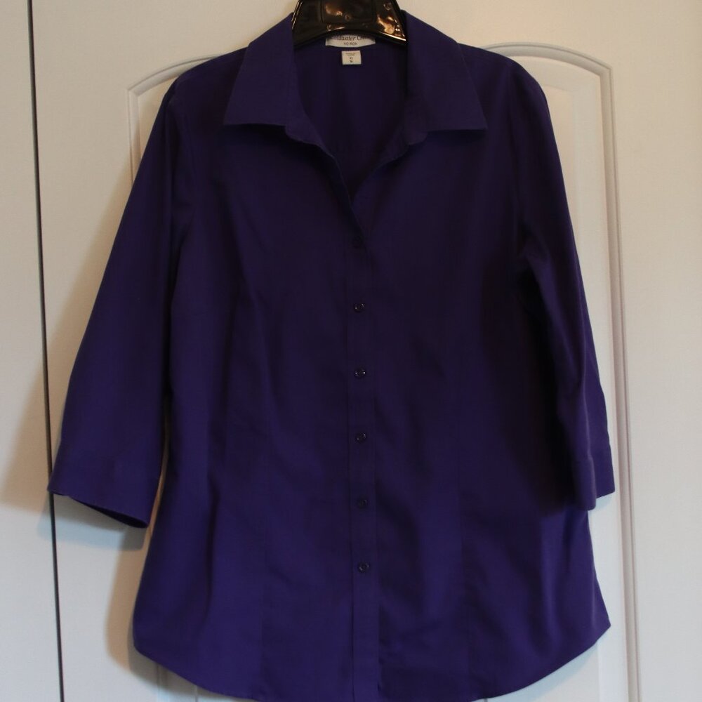 Coldwater Creek No Iron Purple 3/4 Sleeve Button Down Cotton Blouse Size XL 16